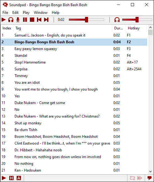 Soundpad main window showing sound list with playback controls
