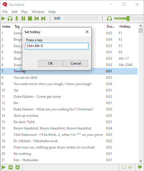 Soundpad hotkey configuration dialog for sound triggers