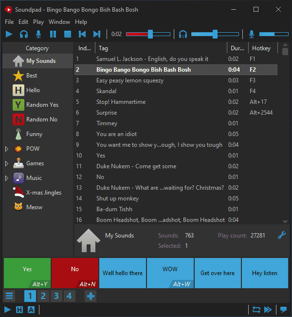 Soundpad interface in dark theme with active playback
